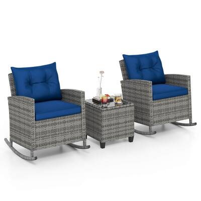 Gymax Set of 3 Wicker Rocking Set Patio w/ Tempered Glass Table & Soft