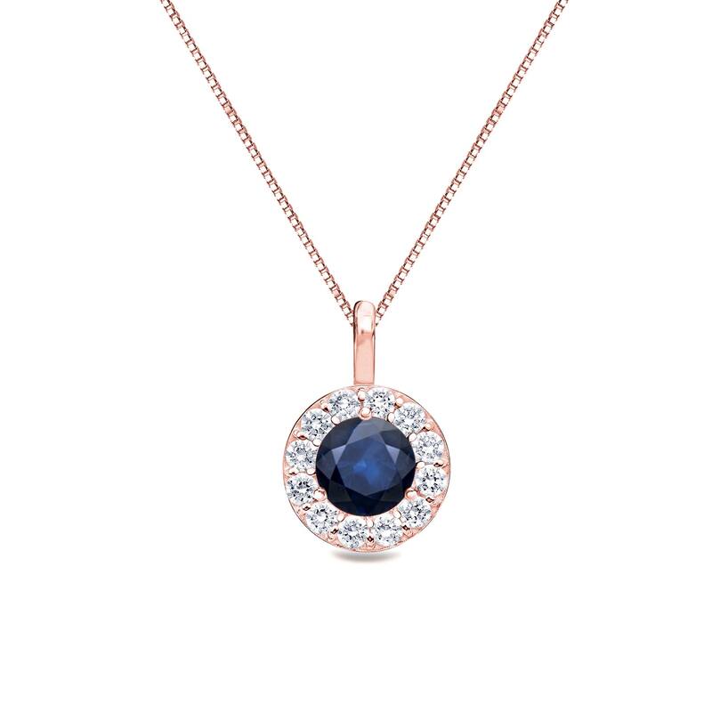 14k Gold Round 1/2ct Blue Sapphire and 1/4ct TDW Diamond Halo Necklace by Auriya - Rose