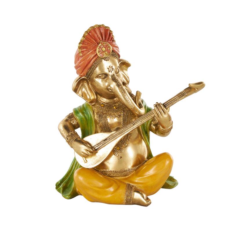 Gold Resin Musician Ganesh Decorative Sculpture with Green, Yellow, and Red Accents