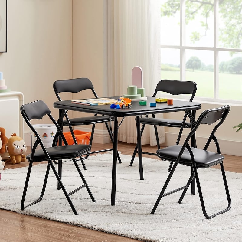 VECELO 5 Pcs Kids Folding Activity Table and Chairs Set, Portable, with Ultra Soft PU Padded Cushion, Matte Black