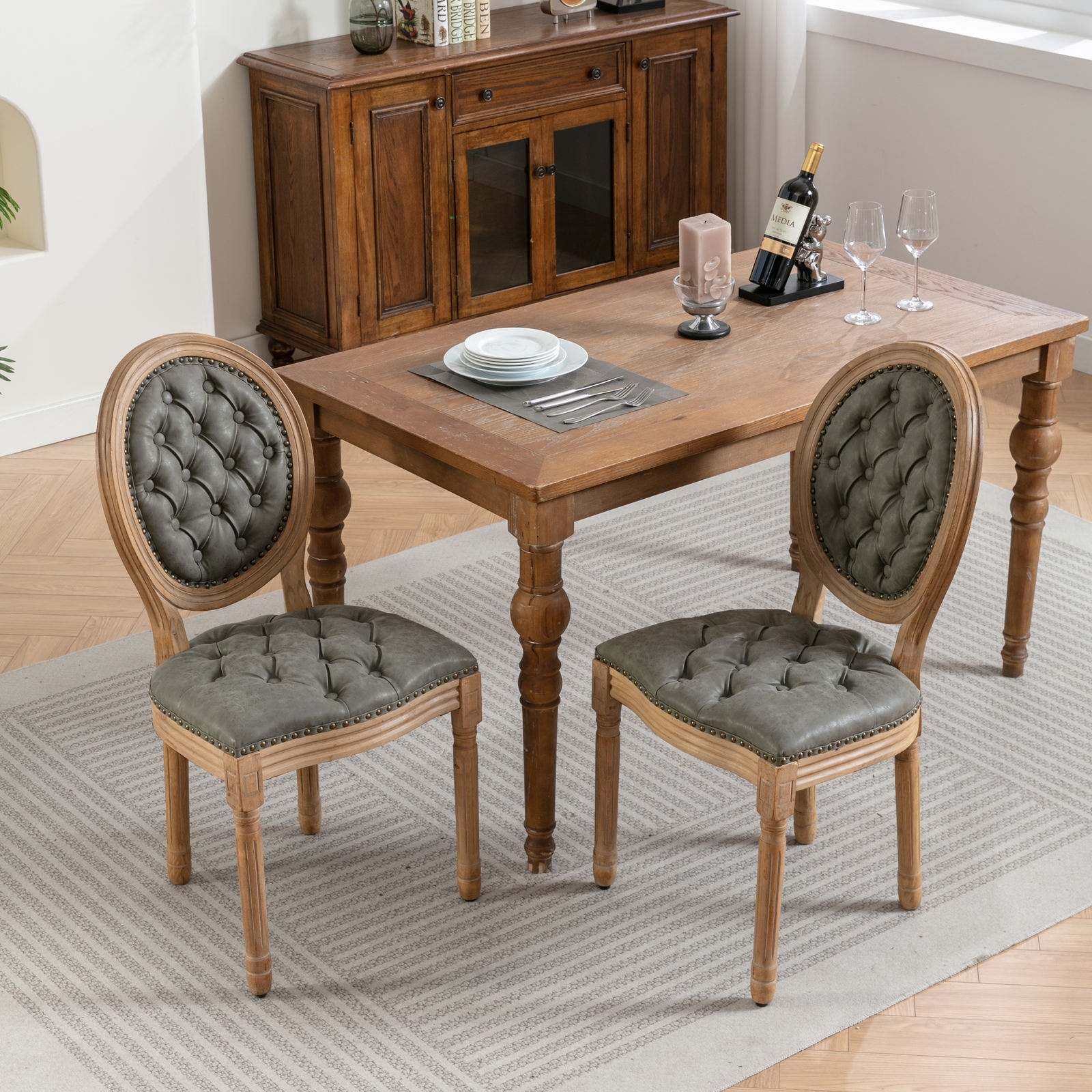 Vintage Accent Chair Dining Chair with Wood Legs, Leather Lounge Chair Padded Chair with Nailhead Trim
