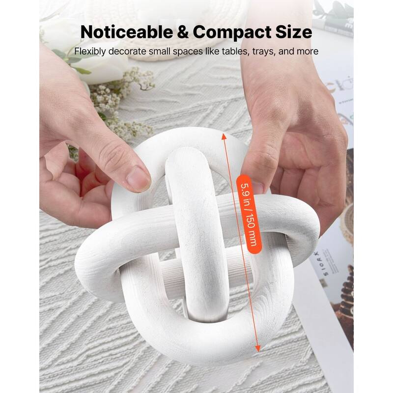 Pine Wood Chain Link Ornament Rustic Modern Home Decor Shelf Decoration White Handmade Knot Accent - 5.5 x 5.5 x 3.54 in