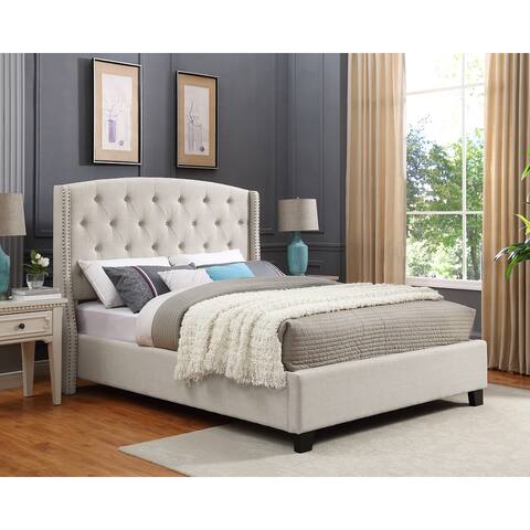 Roundhill Furniture Nantarre Fabric Tufted Wingback Upholstered Bed with Nailhead Trim,Tan