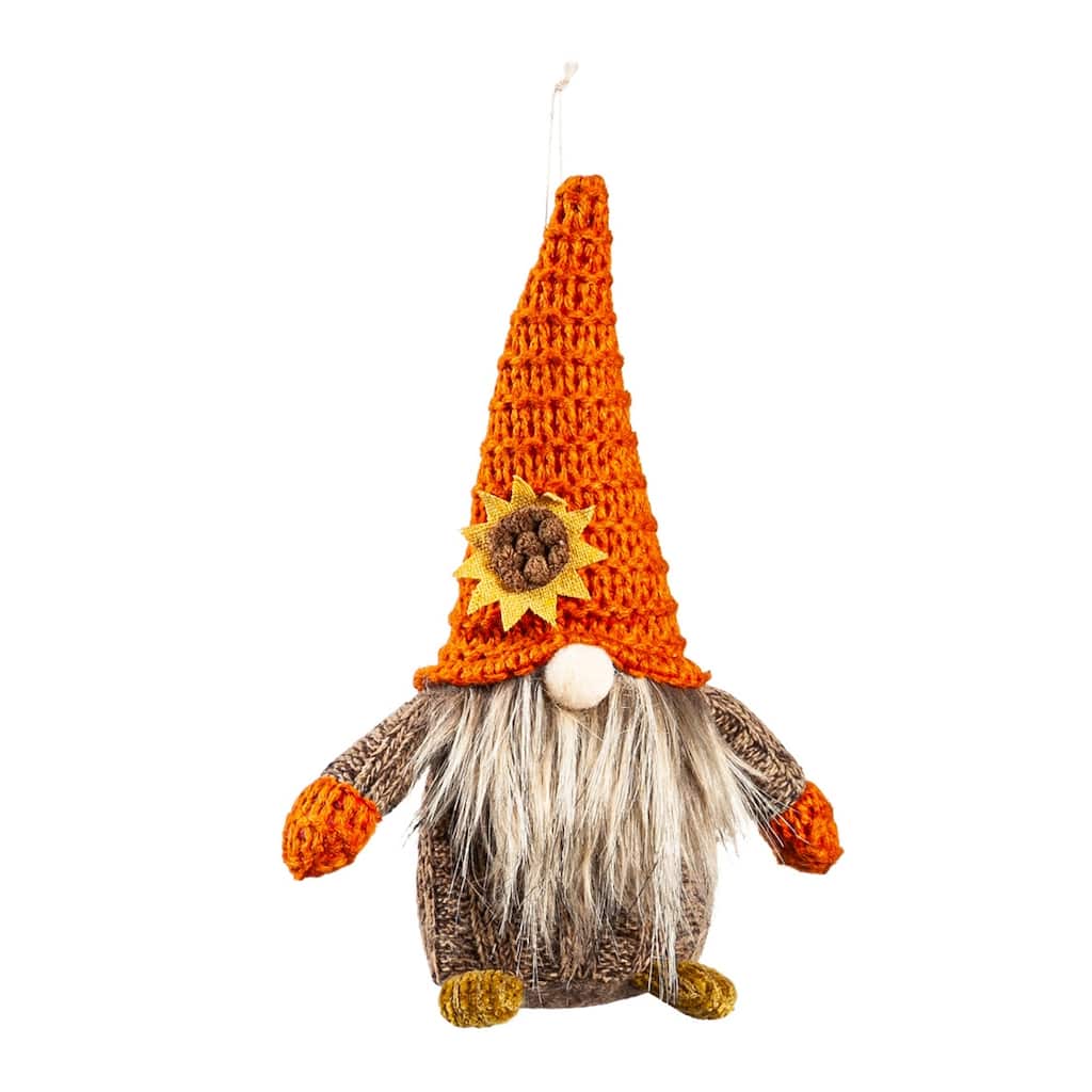 Fabric Fall Gnome with Knit Sunflower Hat Hanging Decor in 9 Piece Wood Tray