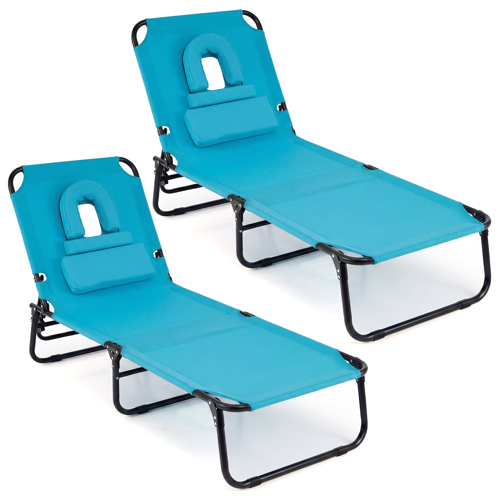Gymax 2PCS Folding Beach Sun Lounger w/Face Hole Removable Pillows