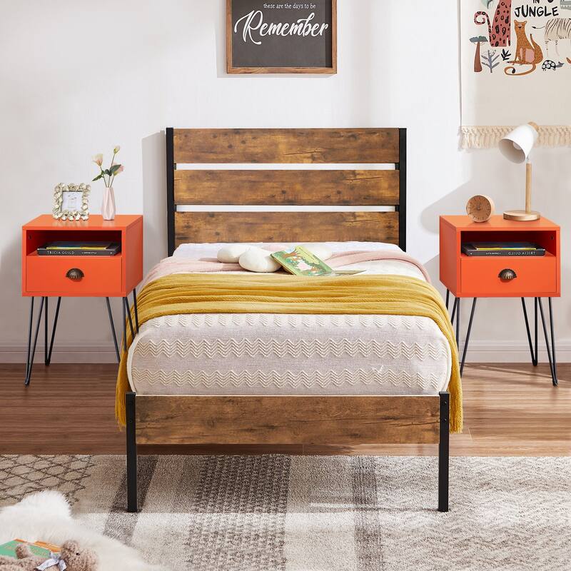 3-Pieces Bedroom Set with Rustic Brown Platform Bed Frame and Nightstands Set of 2