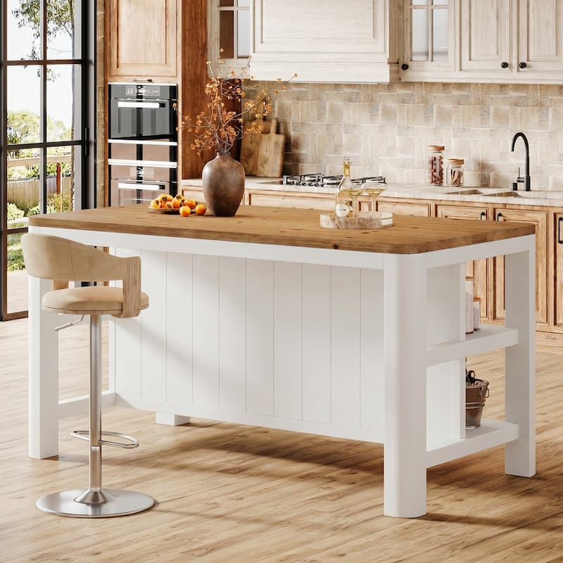 63 Inch Solid Wood Kitchen Island Table with Storage Shelves