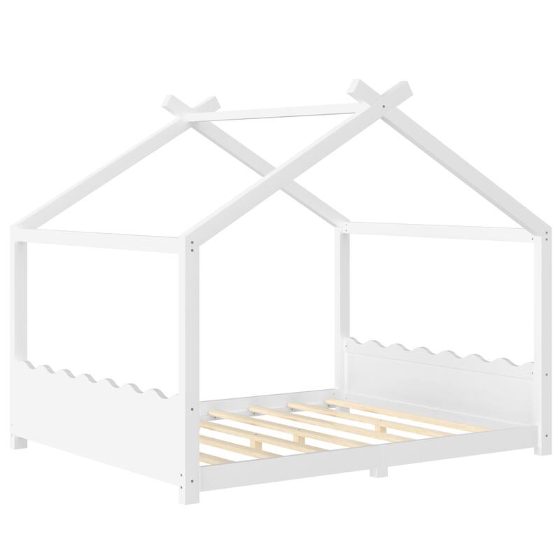 Roomfitters House Floor Bed with Support Slats, Solid Wood Open Frame Design