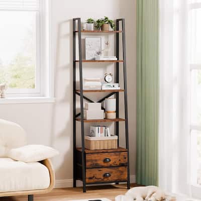 5-Tier Ladder Bookshelf with 2 Drawers, Narrow Industrial Storage Unit for Multi-Room Use in Rustic Brown - 15.35x63.38