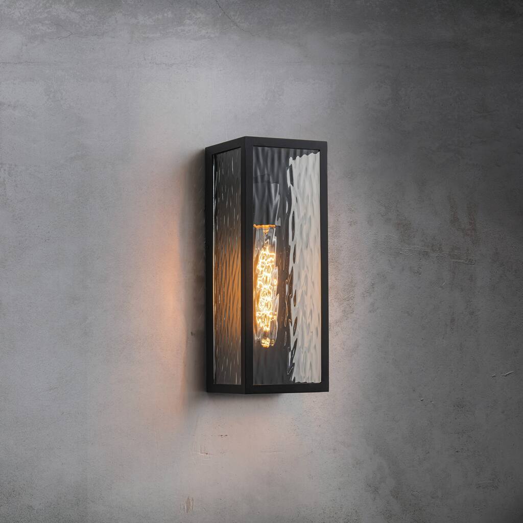 Crafthome H13" 1-Light Modern Black Outdoor Wall Sconce with Water Ripple Glass and Dusk to Dawn Sensor Open Bottom - W5"