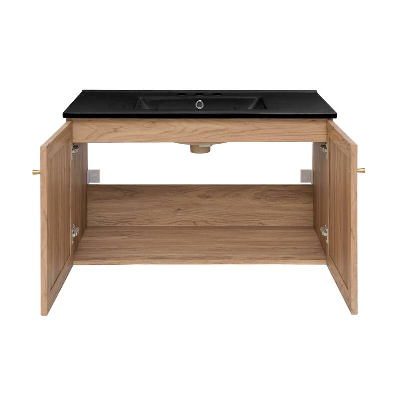 Classe 36 In. Brown Oak Wall Hung Bathroom Vanity With Black, 3-Hole Ceramic Sink Top