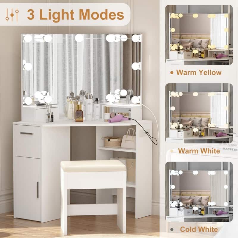White Corner Vanity Table with LED Mirror, Drawers, Stool, Power Outlet