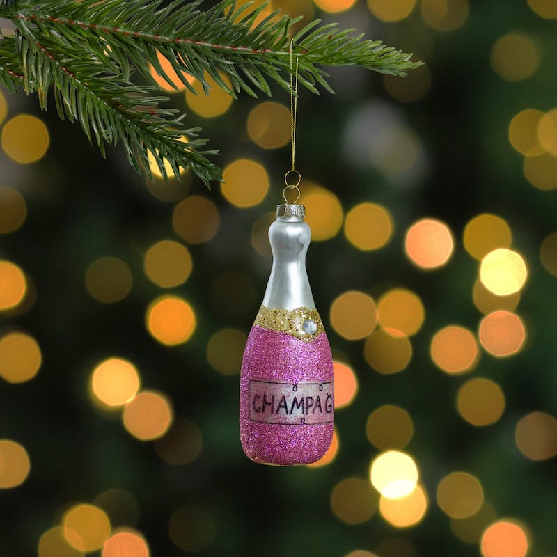 5.25" Pink Glittered Champagne Bottle Glass Christmas Ornament