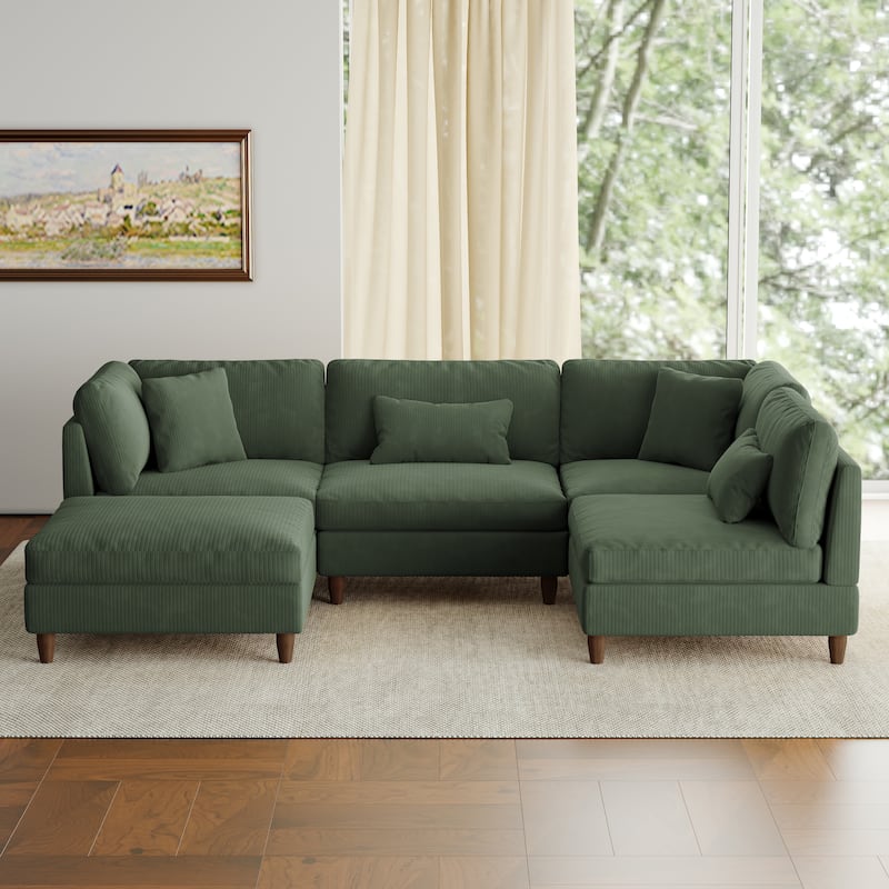 5-Piece Modern Comfy Corduroy Modular Sectional Sofa with Ottoman - Green