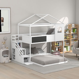 Twin Over Full House Bunk Bed with Storage Staircase and Blackboard ...