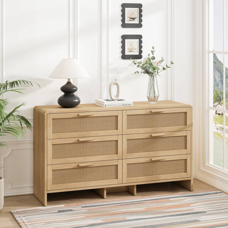 51.18'' Arc Shaped Corner Rattan Cabinet, 6-Drawers Rattan Storage Cabinet Rattan Drawer, for Living Room Bedroom,and Kitchen