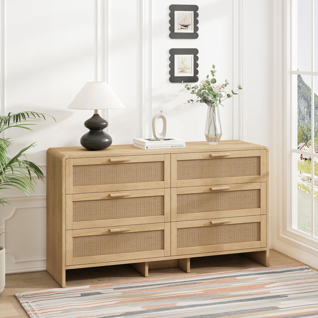 6 Drawer Double Dresser for Bedroom / Arc Shaped Corner Rattan Dresser Cabinet / Boho Chest of Drawers
