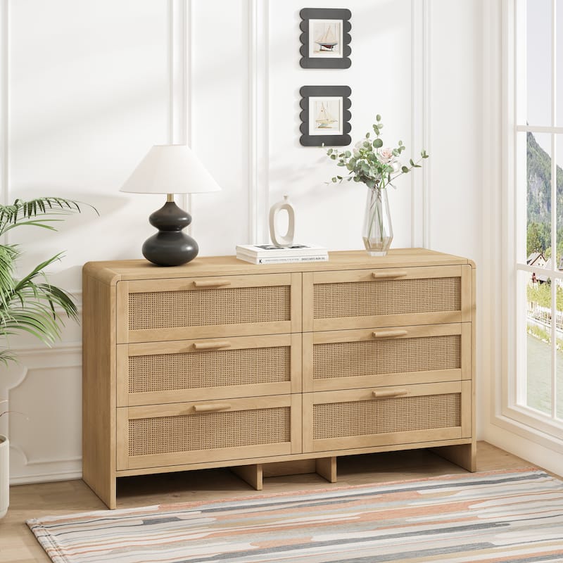 6 Drawer Double Dresser for Bedroom / Arc Shaped Corner Rattan Dresser Cabinet / Boho Chest of Drawers - Natural - 6-drawer