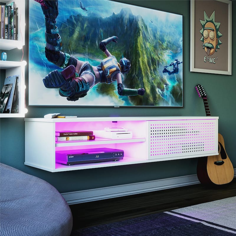 Roomfitters Glitch Floating Gaming TV Stand with RGB LED Lights for TVs up to 60 Inches, White
