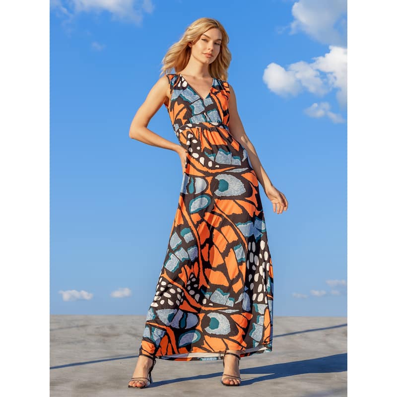 24seven Comfort Apparel Womens Print V Neck Tie Back Empire Waist Sleeveless Maxi Dress