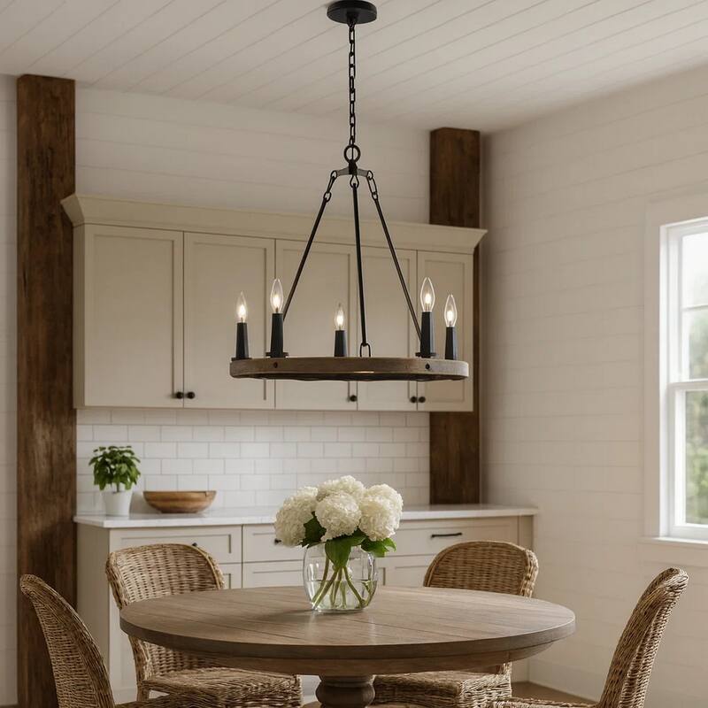 Stomy 23 Inch Chandelier, Brown Wood Wheel Design, Black Metal Chain