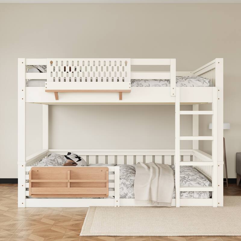 Roomfitters Queen over Queen Bunk Bed with Bookshelf and Pegboard, Solid Wood Split Frame