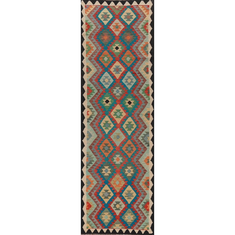 Geometric Kilim Oriental Runner Rug Hallway Hand-Woven Wool Carpet - 2'10" x 13'0"