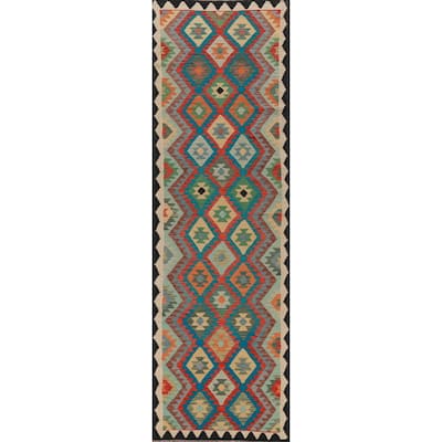 Geometric Kilim Oriental Runner Rug Hallway Hand-Woven Wool Carpet - 2'10" x 13'0"