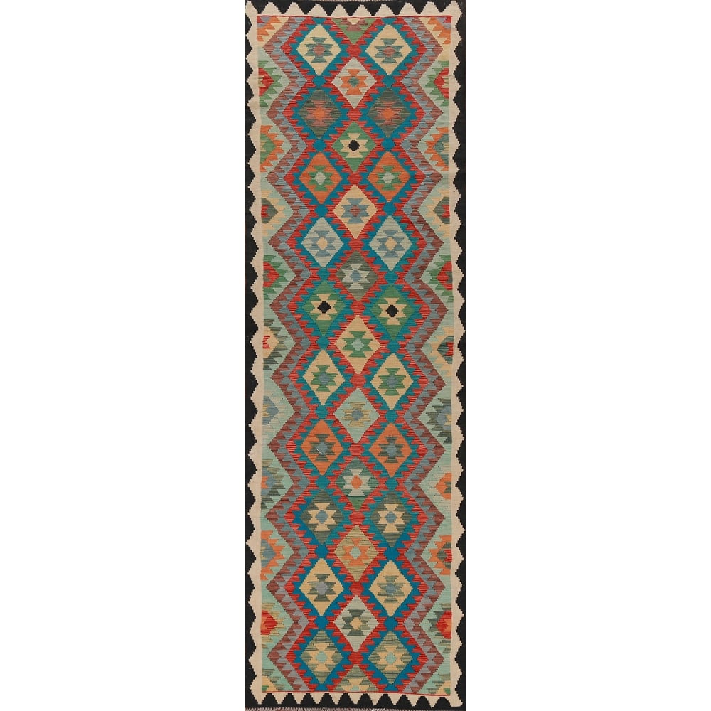 Geometric Kilim Oriental Runner Rug Hallway Hand-Woven Wool Carpet - 2'10" x 13'0"