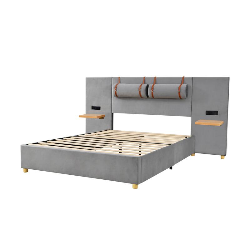 Full or Queen Size Velvet Upholstered Platform Bed with USB Charging