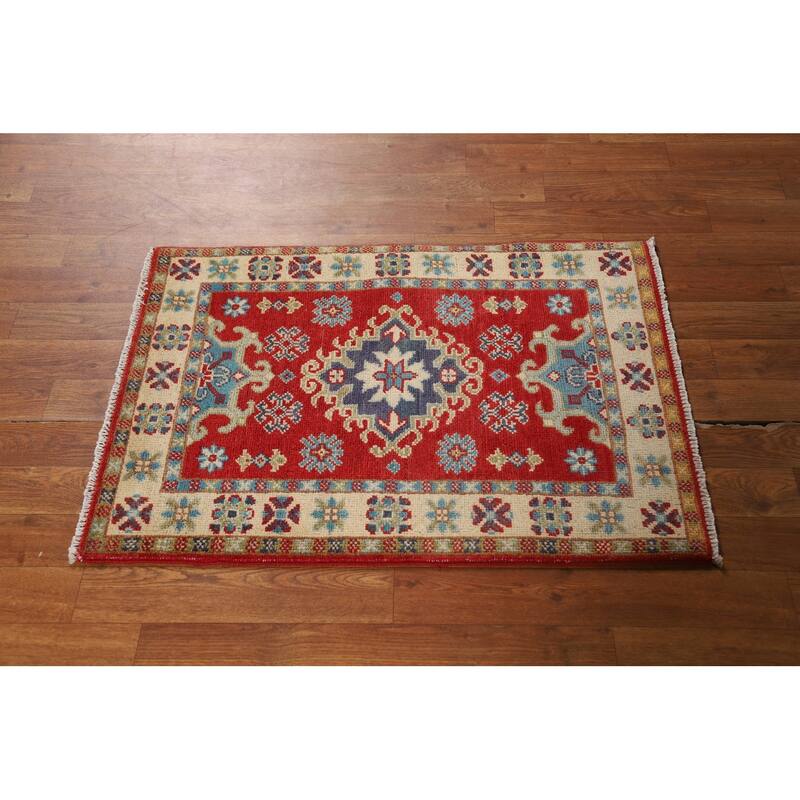 Red Geometric Kazak Foyer Rug Hand-Knotted Traditional Wool Carpet - 2'0" x 3'0"