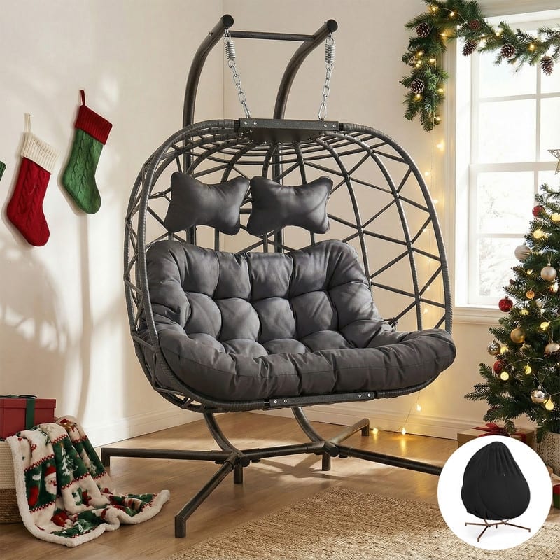 Oversized Outdoor Double Swing Egg Chair, 700 lbs Capacity 2-Person Hanging Egg Chair Swing with Cushion - Dark Grey/Cover
