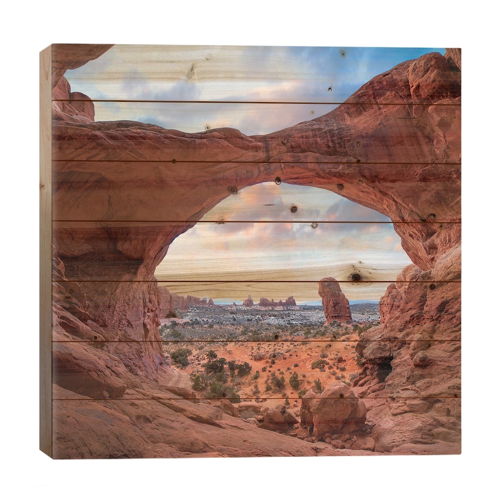 The Windows Section From Double Arch At Sunrise, Arches National Park, Utah Print On Wood by Tim Fitzharris - Multi-Color