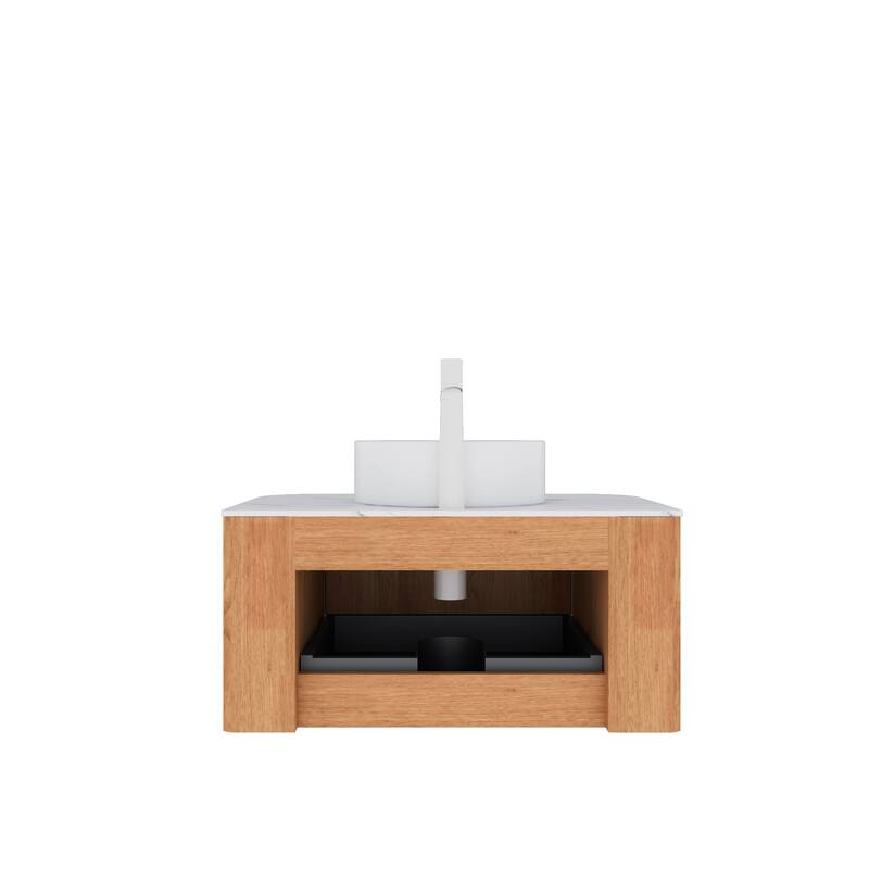 Plywood Wall-Mounted Bathroom Vanity Set with Integrated Ceramic Sink in Natural Wood