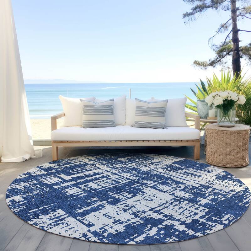 Machine Washable Indoor/ Outdoor Chantille Solid Abstract Rug - Navy - 8' x 8'