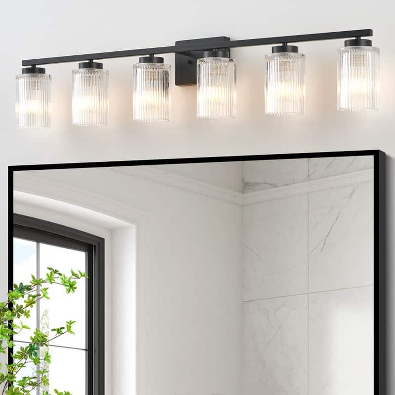 KAWOTI Modern Vanity Light with Cylinder Ribbed Glass Shade - 6-Light(W43.25") - Matte Black