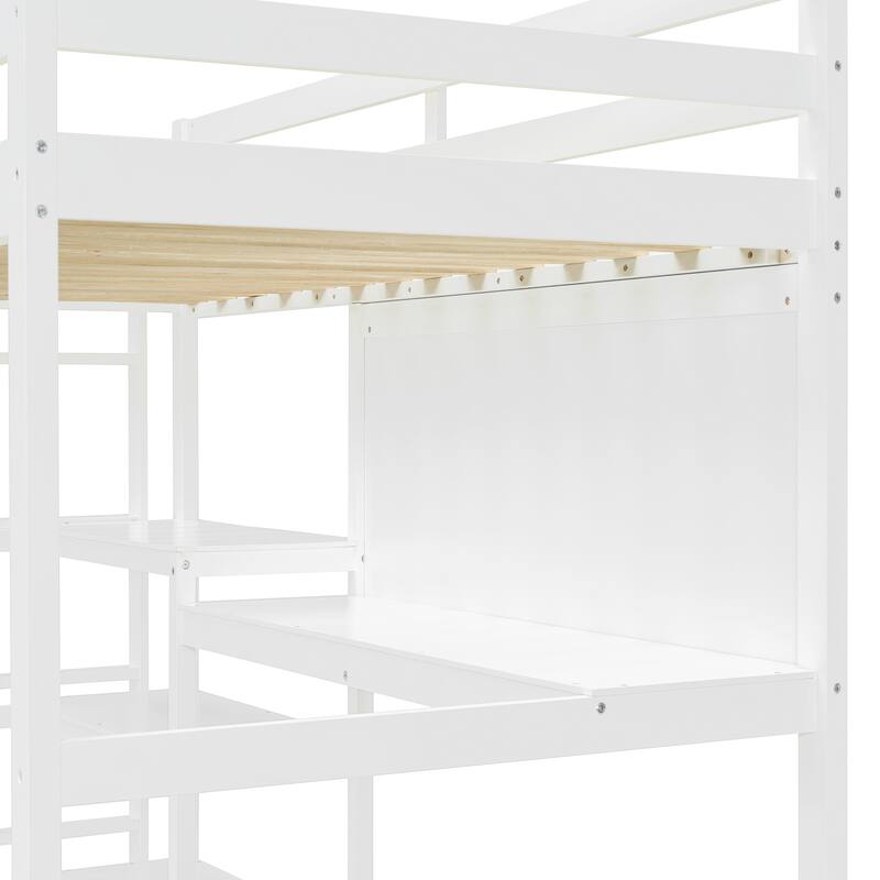 Twin Size Wooden Loft Bed with Built-In Desk, 3-Tier Shelves, Writing Board and Safety Guardrails, Space-Saving Design