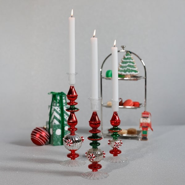 slide 2 of 4, Holiday 9" Tall Mercury Glass Taper Candle Holders, Set of 4 Red, Green, Silver