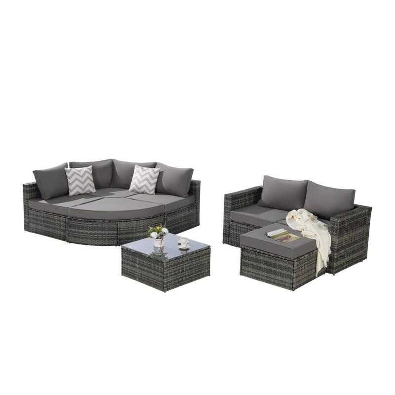 8 Piece Outdoor L Shaped Free Combination Conversation Set, Rattan Patio Sectional Sofa with Curved Ottoman and Coffee Table