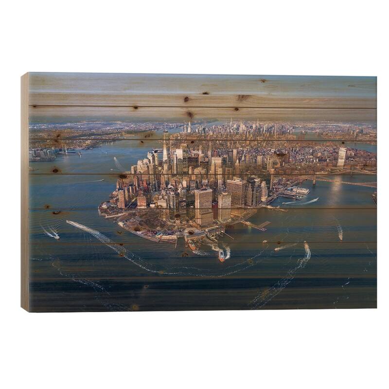 Aerial view of the Lower Manhattan skyline, New York City Print On Wood by Jan Becke - Multi-Color - 26x40x1.5