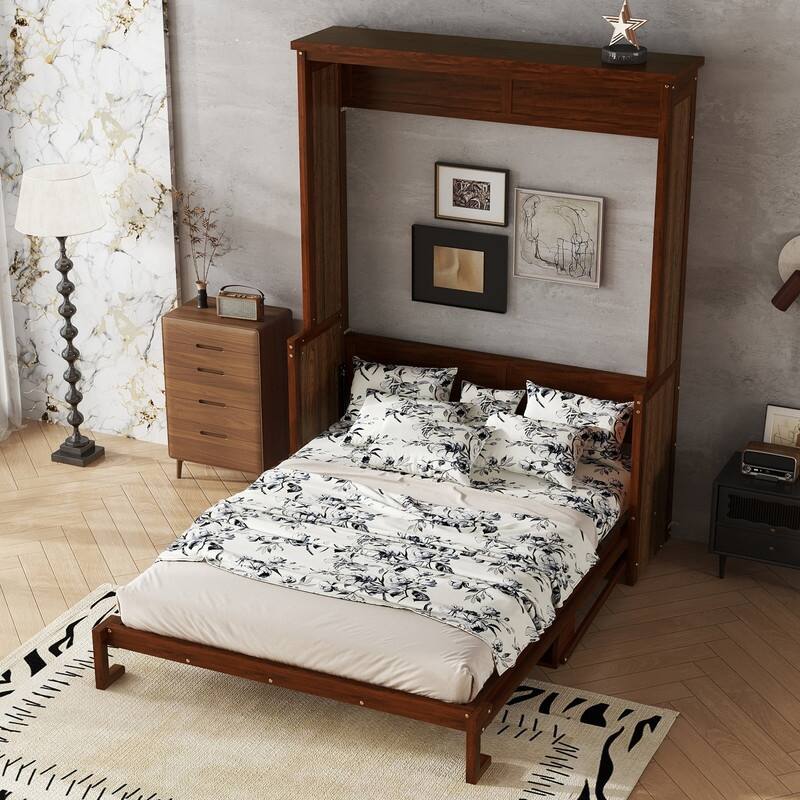 Queen Size Murphy Bed Space-Saving Hidden Wall Bed Cabinet with Gas Struts - Walnut - Queen