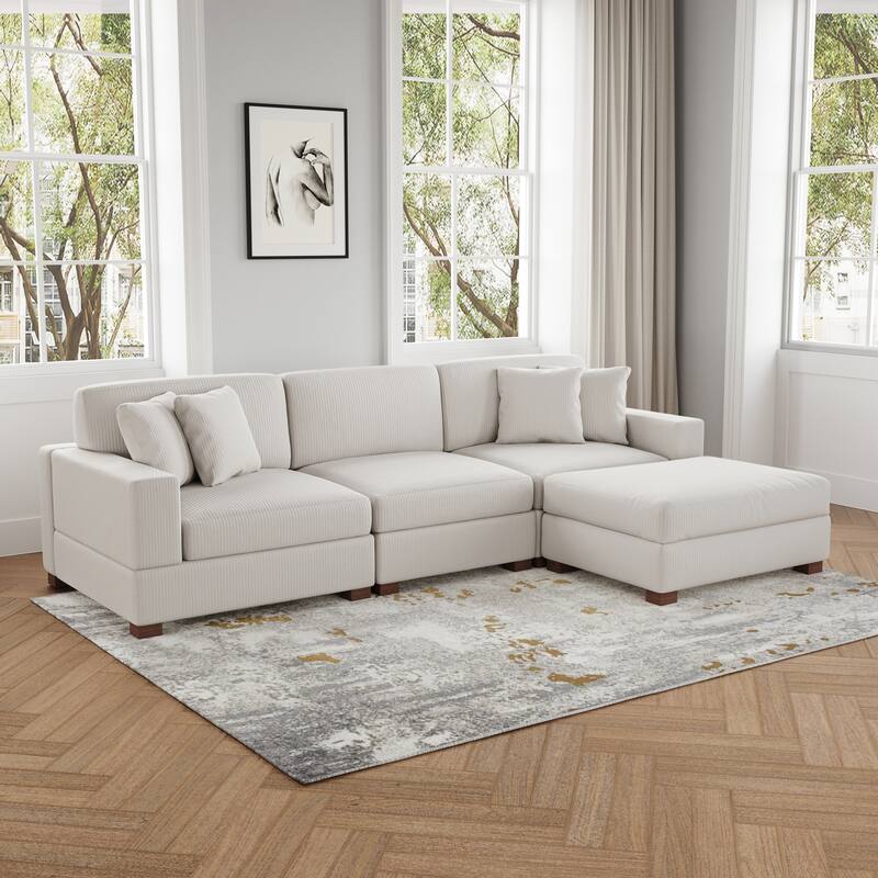 Ella 82" W/ 118" W Corduroy Modular Sectional Sofa with Ottoman