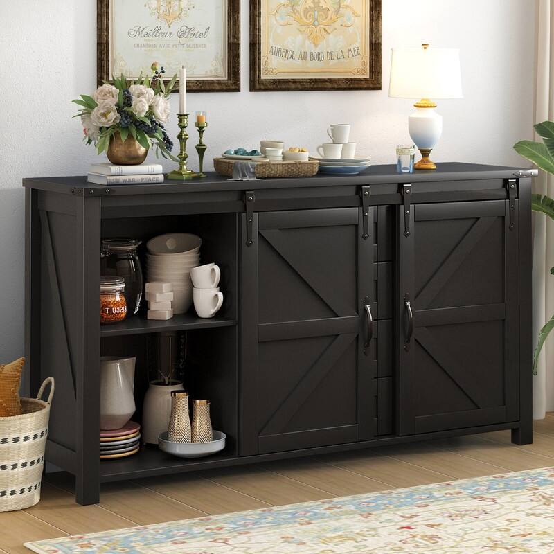 Farmhouse 55.1" Sideboard with Sliding Barn Doors and Storage Drawers, Wood Buffet Table with Power Outlet