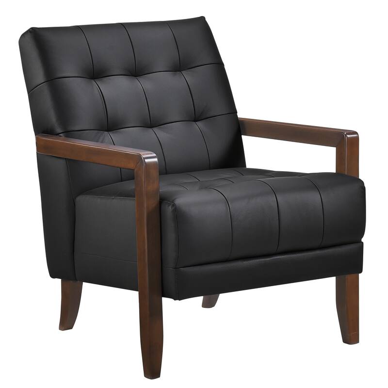 Lenie Accent Armchair, Button Tufted Black Leather, Walnut Brown Wood
