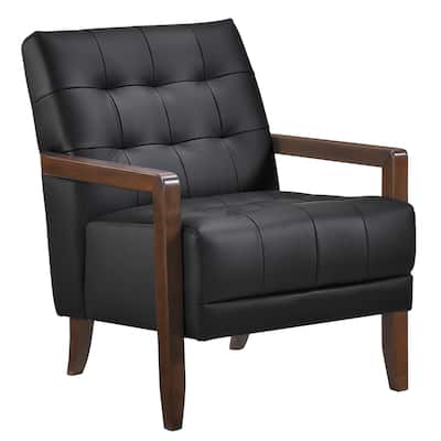 Lenie Accent Armchair, Button Tufted Black Leather, Walnut Brown Wood