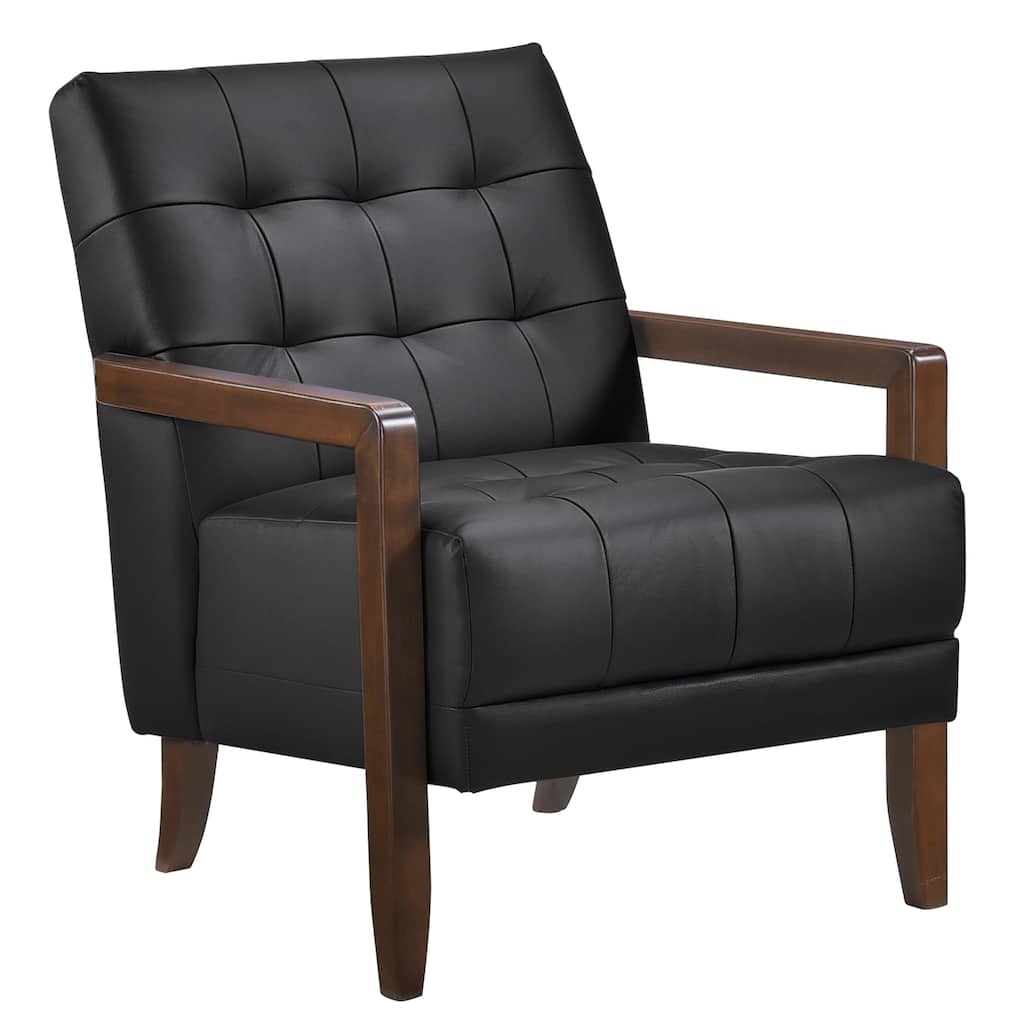 Lenie Accent Armchair, Button Tufted Black Leather, Walnut Brown Wood
