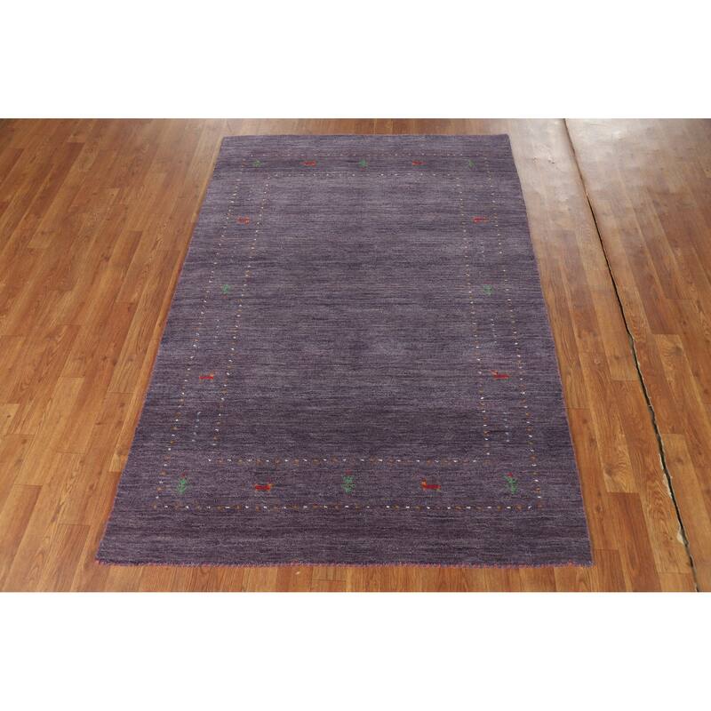 Purple Gabbeh Oriental Rug Hand-Knotted Modern Wool Carpet - 4'0" x 5'10"