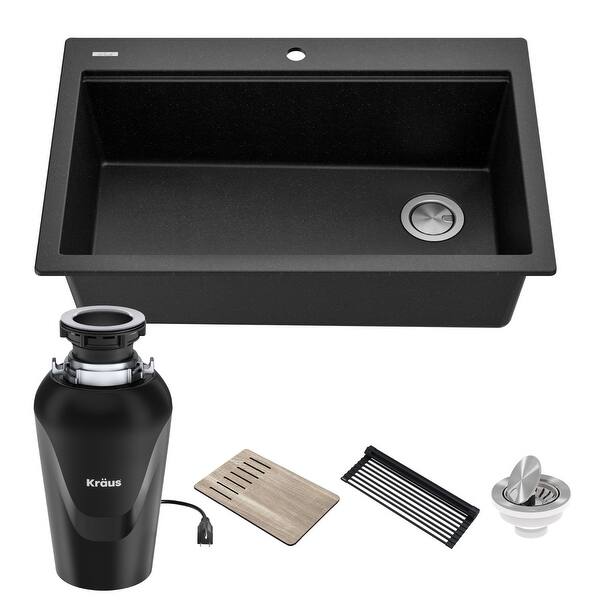 slide 39 of 63, KRAUS Bellucci Workstation 33-inch Drop-in Granite 1-bowl Kitchen Sink 33" L x 22" W (sink KGTW2-33MBL) w/ KWD100-75MBL - Metallic Black Sink with Black Garbage Disposal