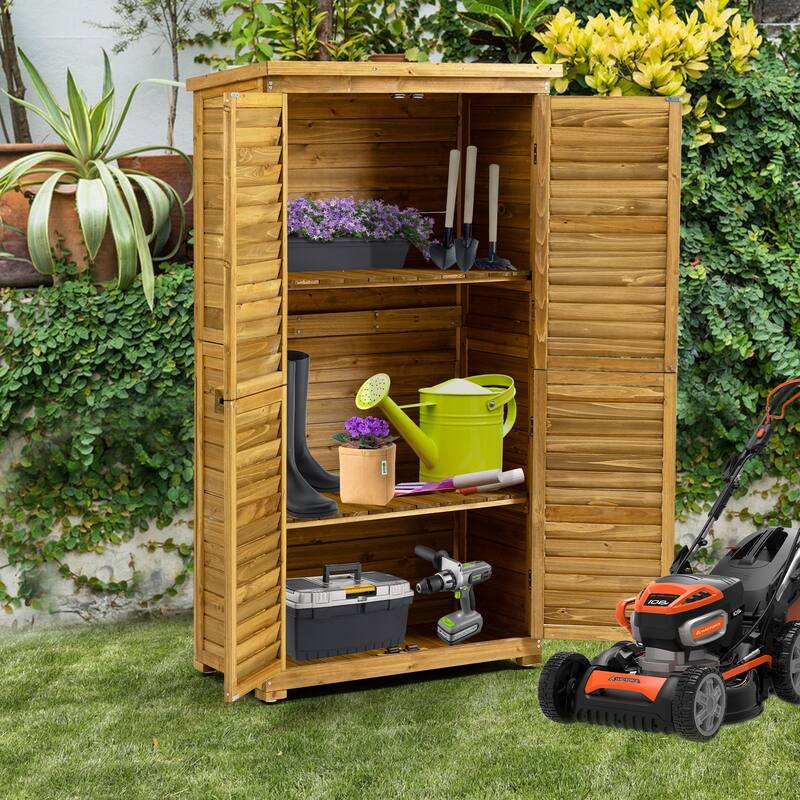 Wooden Outdoor Storage Cabinet with Lockable Door, Waterproof Roof & Removable Shelves - 34.25"L x 18.5"W x 63"H