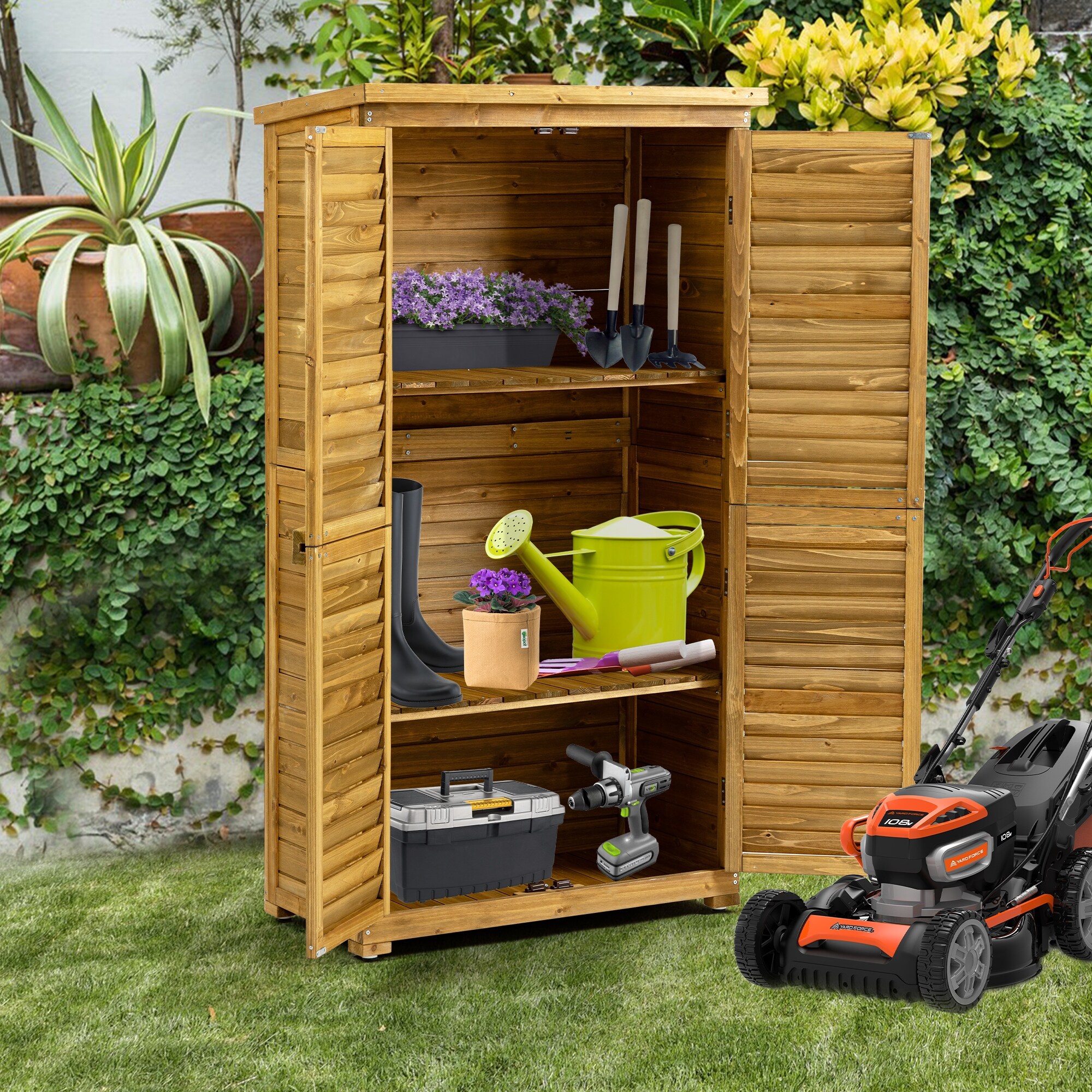 Wooden Outdoor Storage Cabinet with Lockable Door, Waterproof Roof